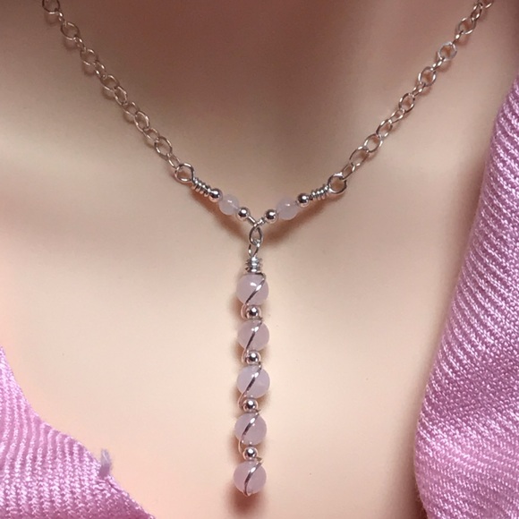 Rose Quartz Necklace- Sterling Silver Rose Quartz Y Necklace - Hand Crafted - Picture 2 of 6